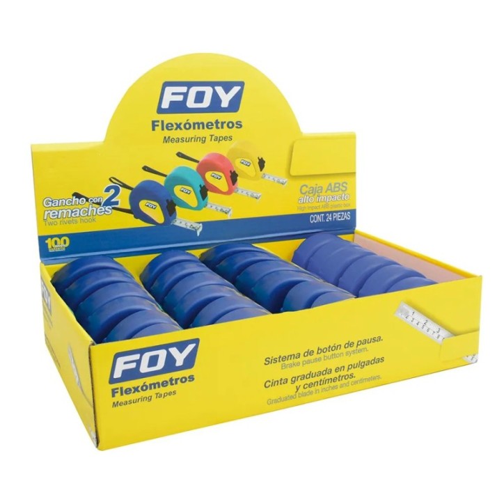 Flexómetros con carcasa de plástico azul en display 5 m x 3/4", 12 piezas Foy
