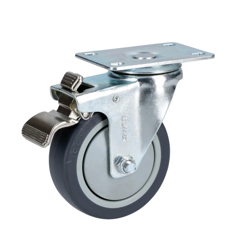 Surtek RT10B Rodaja de TPR gris giratoria con freno 4" Surtek