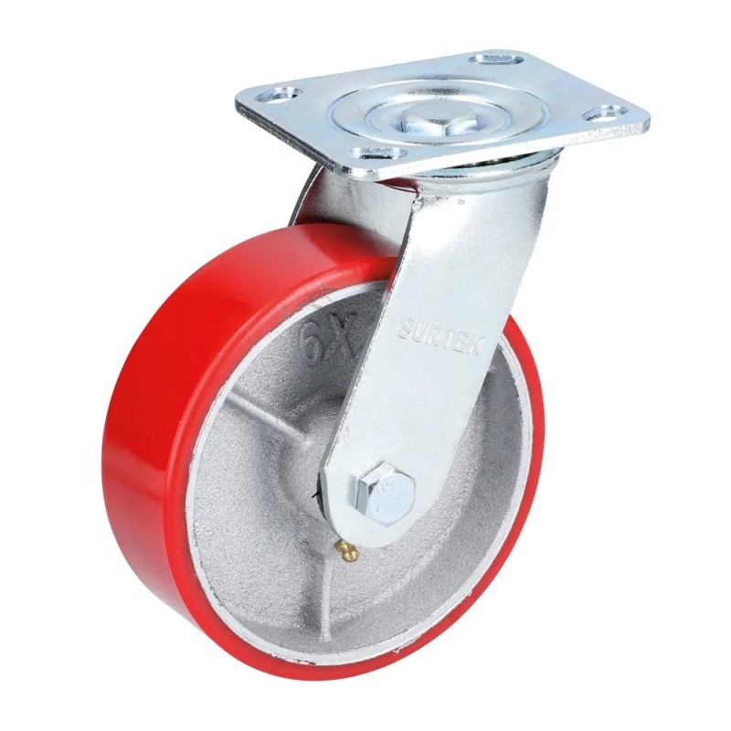 Surtek RP7G Rodaja de fierro con poliuretano rojo giratoria 3" Surtek