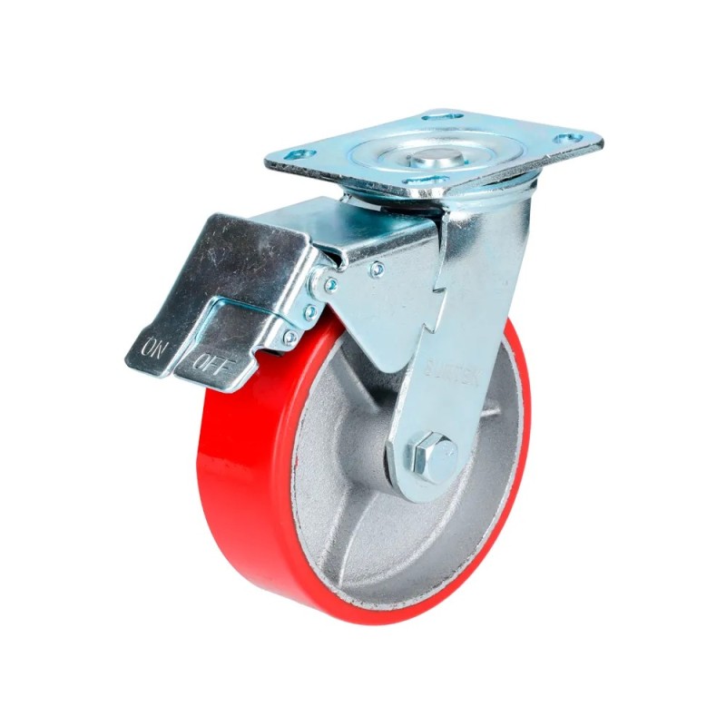 Surtek RP15B Rodaja de fierro con poliuretano rojo giratoria con freno 6" Surtek