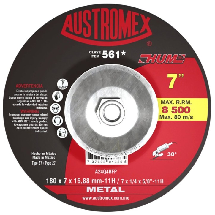 Disco abrasivo de 7 x 1/4 x 5/8-11 pulg con adaptador, para desbaste de metal