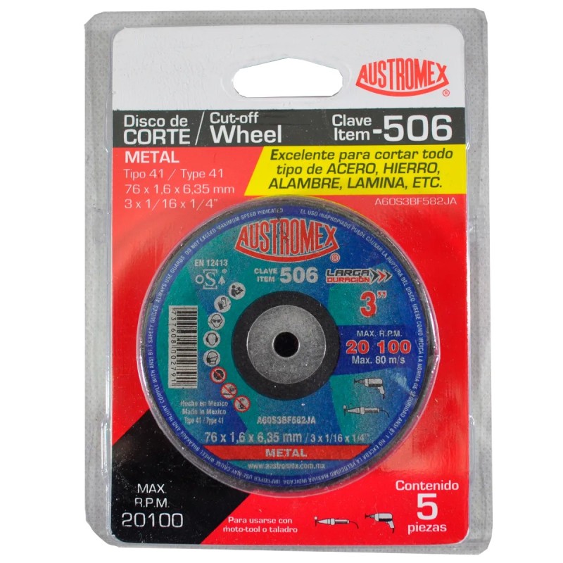 Austromex -506 Disco abrasivo para corte de metal de 3 x 1/16 x 1/4 pulg.