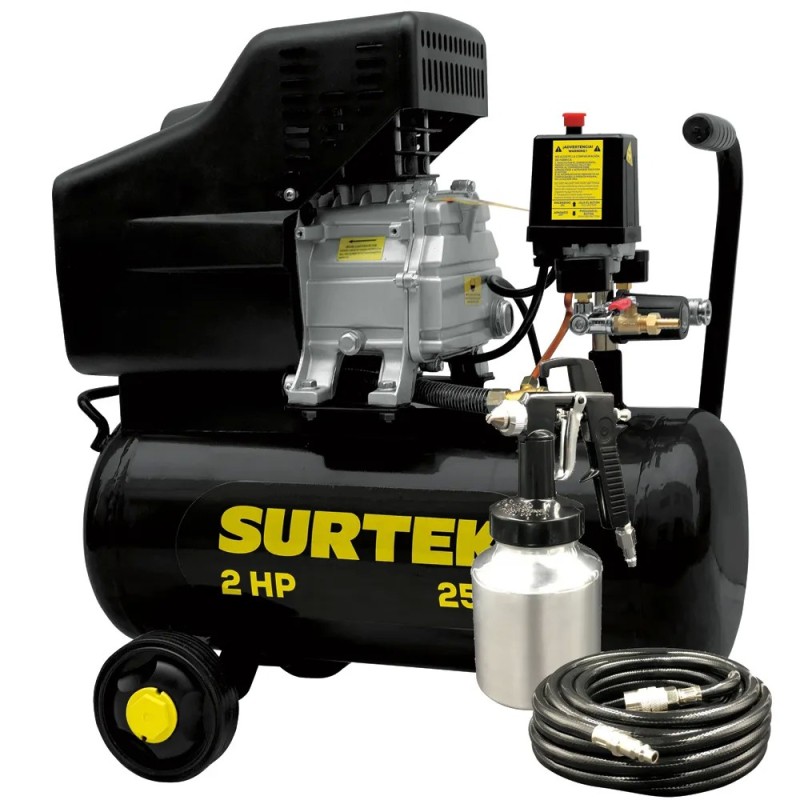 Surtek COMP425K Compresor de aire eléctrico lubricado con pistola y manguera 25 Lt 2 HP 127 V Surtek