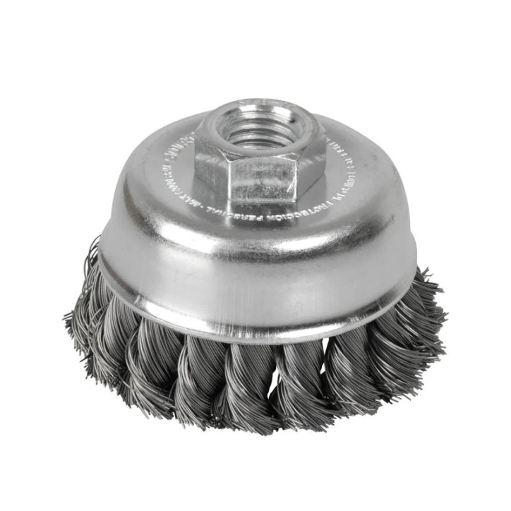 Carda copa trenzada alambre grueso acero inoxidable 3" x 0.50 mm con rosca 5/8" Surtek