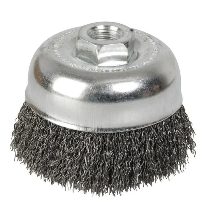 Carda copa ondulada alambre delgado 4" x 0.35 con rosca 5/8" Foy