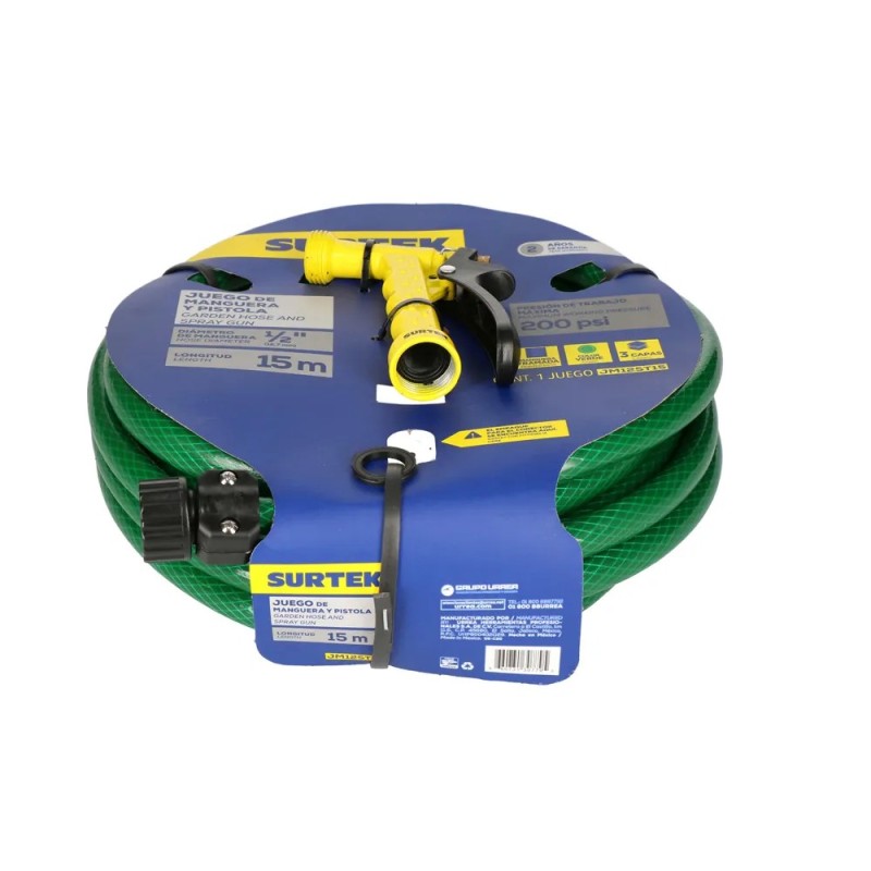 Surtek JM12ST15 Manguera para jardín tramada 1/2" 15 m con pistola para riego Surtek