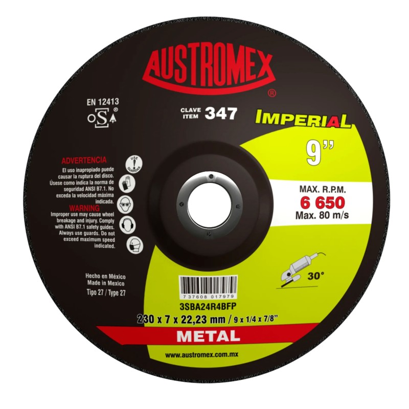 Austromex 347 Disco abrasivo para desbaste de metal de 9 x 1/4 x 7/8 pulg
