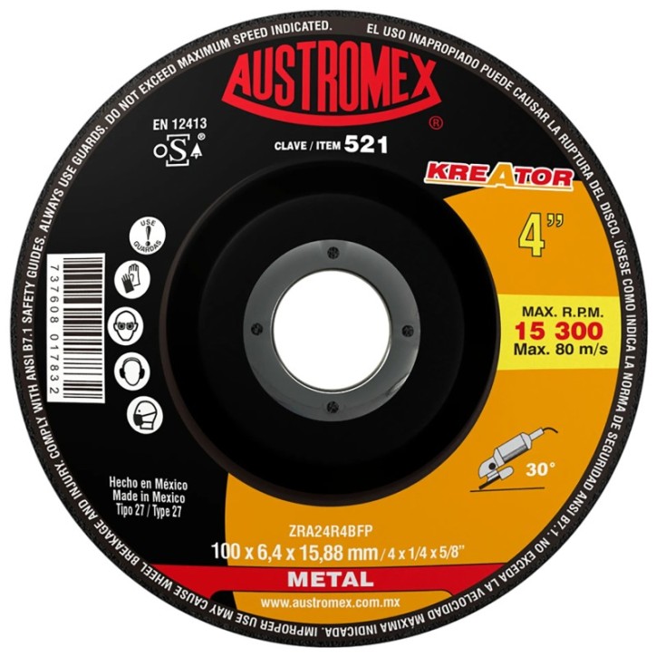 Disco abrasivo para desbaste de acero, fundición y soldadura de 4 x 1/4 x 5/8 pulg.