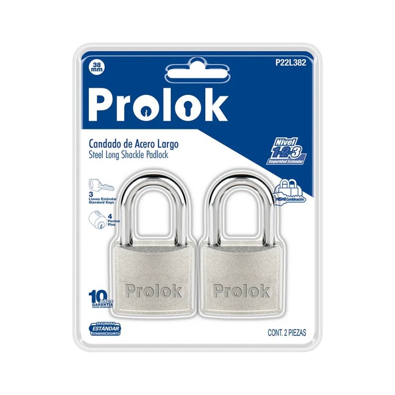 Prolok P22L382 Juego de candados de acero largos 38 mm llave estándar 2 piezas Prolok