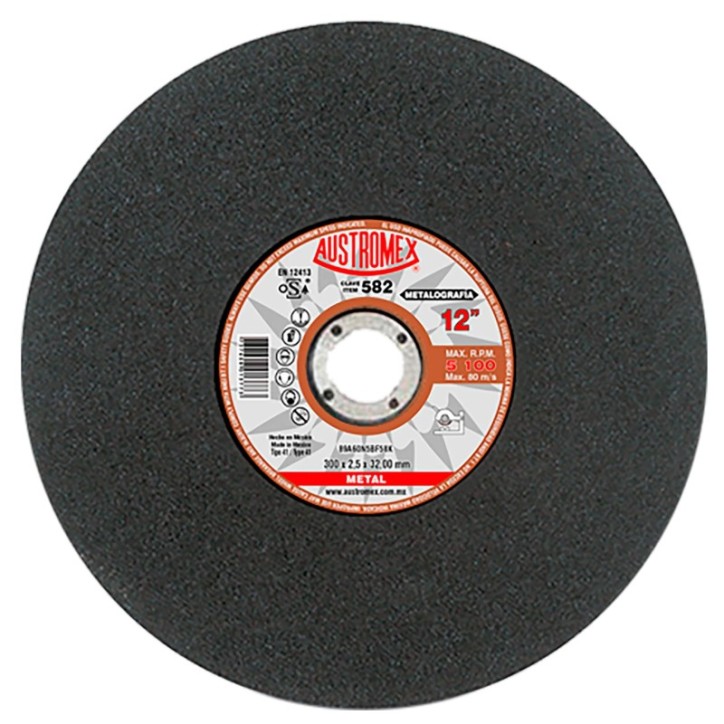 Disco abrasivo para corte de pruebas metalográficas de 12 x 3/32 x 1-1/4 pulg