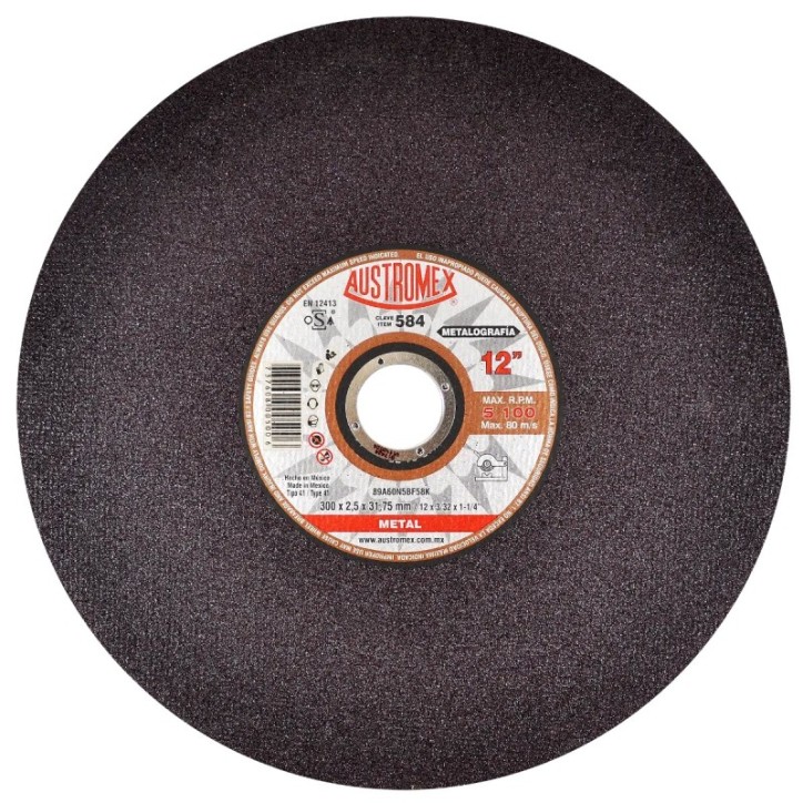 Disco abrasivo para corte de pruebas metalográficas de 12 x 3/32 x 1-1/4 pulg