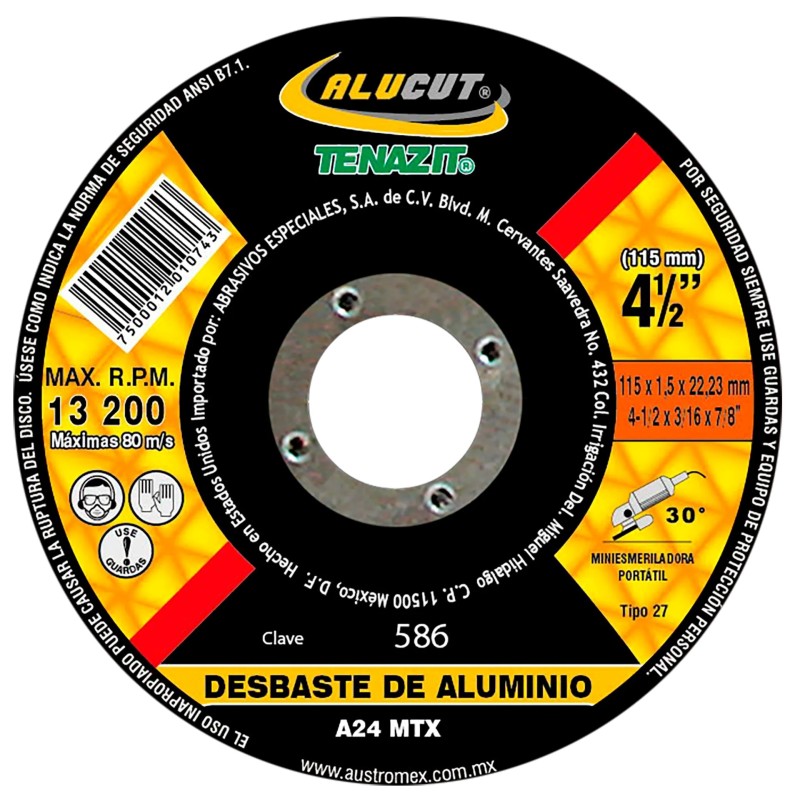 Austromex 586 Disco abrasivo para desbaste de aluminio y metales no ferrosos de 4-1/2 x 3/16 x 7/8 pulg.