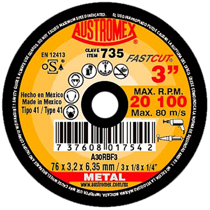 Disco abrasivo para cortar o ranurar metal de 3 x 1/8 x 1/4 pulg.