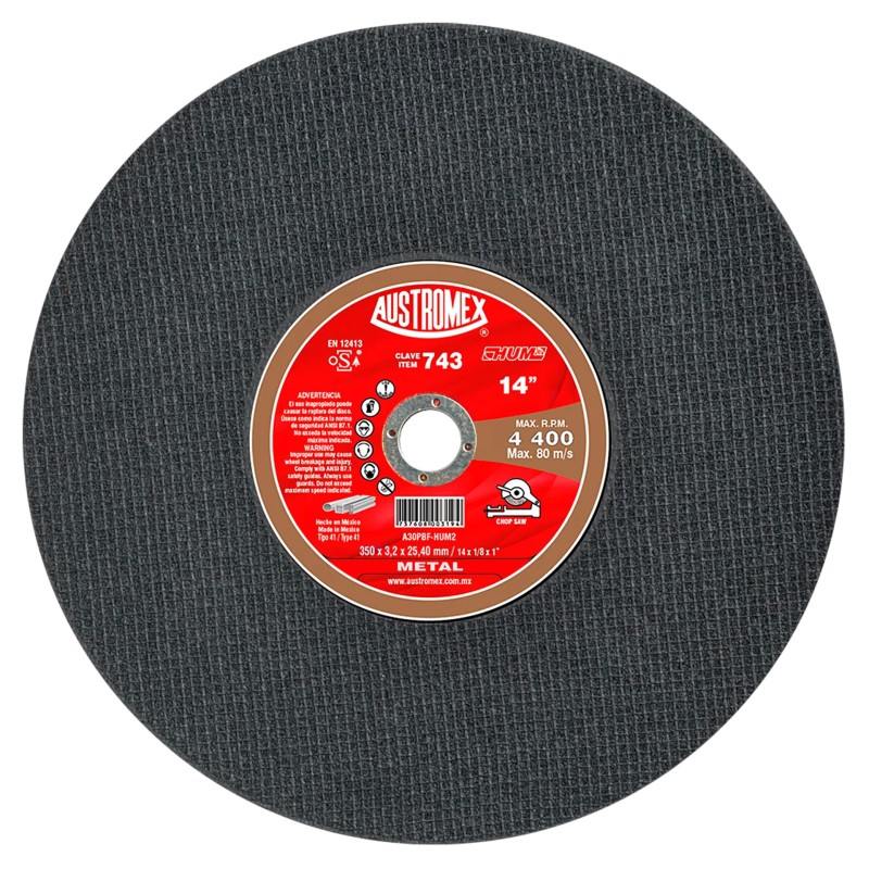 Austromex 743 Disco abrasivo para corte de materiales de metal hueco como tubulares y perfiles de 14 x 1/8 x 1 pulg.