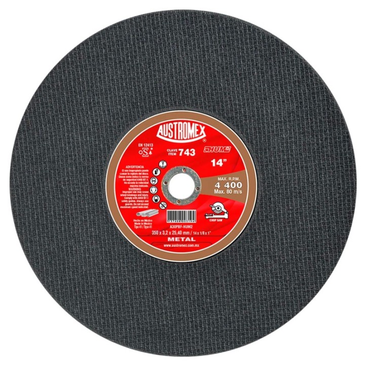 Disco abrasivo para corte de materiales de metal hueco como tubulares y perfiles de 14 x 1/8 x 1 pulg.