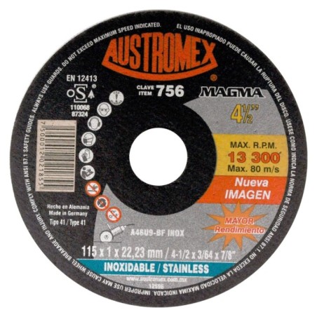 Austromex 756 Disco abrasivo para corte de acero inoxidable de 4-1/2 x 3/64 x 7/8 pulg.