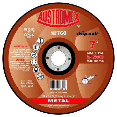 Austromex 760 Disco abrasivo para corte de acero y fundición de 7 x 3/32 x 7/8 pulg.