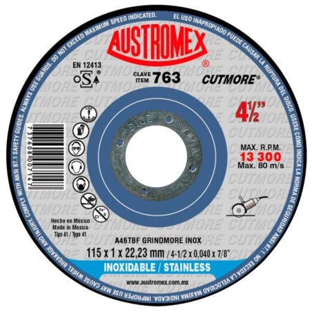 Austromex 763 Disco abrasivo para corte rápido de acero inoxidable con un mínimo de rebaba de 4-1/2 x 3/64 x 1/4 pulg