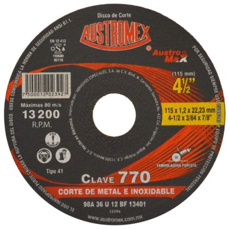 Austromex 770 Disco abrasivo para corte de acero al carbón y acero inoxidable de 4-1/2 x 3/64 x 7/8 pulg.