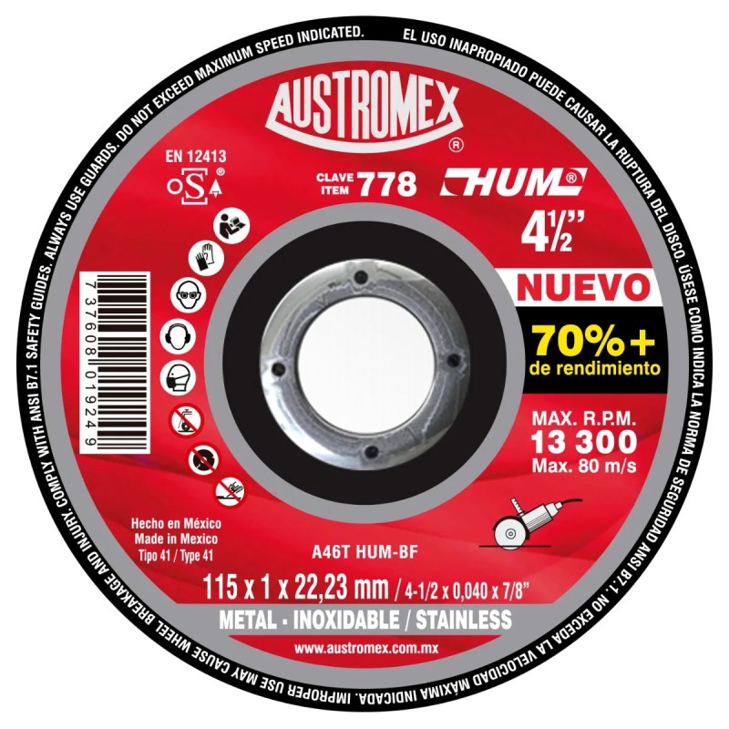 Austromex 778 Disco abrasivo de 4-1/2 x 0.04 x 7/8 pulg para corte de acero al carbón