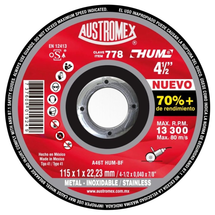 Disco abrasivo de 4-1/2 x 0.04 x 7/8 pulg para corte de acero al carbón, acero inoxidable y metales
