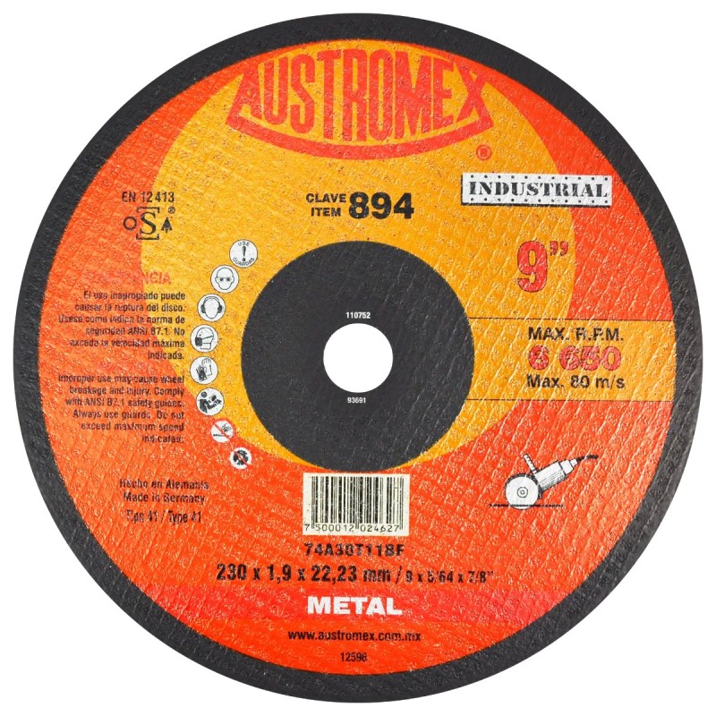 Austromex 894 Disco abrasivo para corte de acero al carbónde 9 x 5/64 x 7/8 pulg.