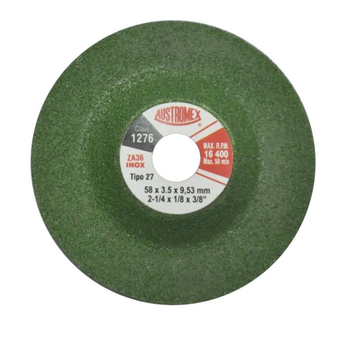 Disco abrasivo para debaste de acero al carbón, acero inoxidable y aluminio de 2 1/4 x 1/8 x 3/8 pulg.