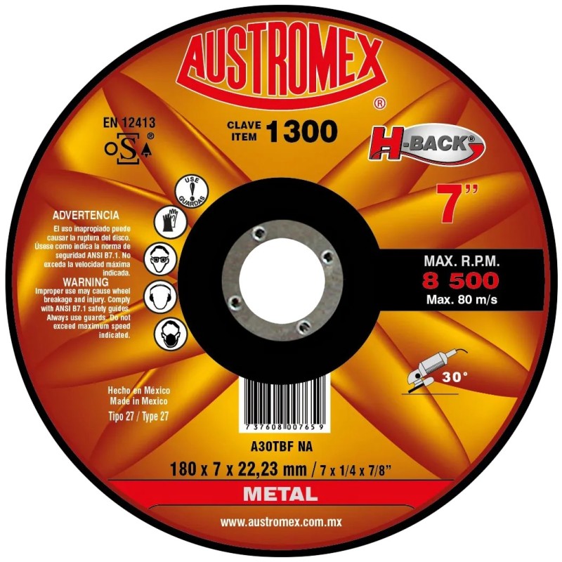Austromex 1300 Disco abrasivo para debaste de aristas y filos de 7 x 1/4 x 7/8 pulg.