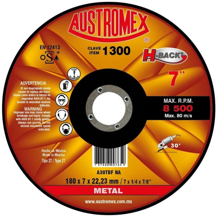 Disco abrasivo para debaste de aristas y filos de 7 x 1/4 x 7/8 pulg.