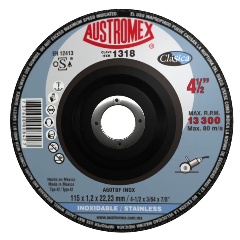 Austromex 1318 Disco abrasivo para corte de acero inoxidable de 4-1/2 x 0.04 x 7/8 pulg.