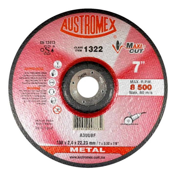 Disco abrasivo para corte de acero, fundición y soldadura de 7 x 3/32 x 7/8 pulg.