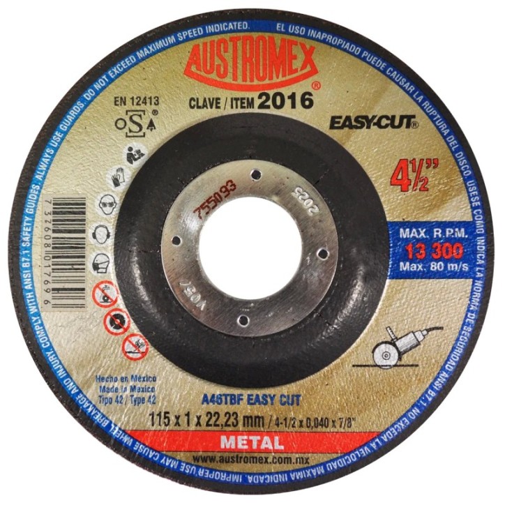 Disco abrasivo para corte de acero al carbón de 4-1/2 x 0.04 x 7/8 pulg