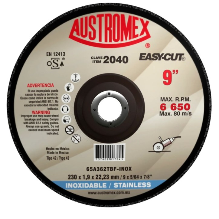 Disco abrasivo para corte de acero inoxidable de 9 x 5/64 x 7/8 pulg.