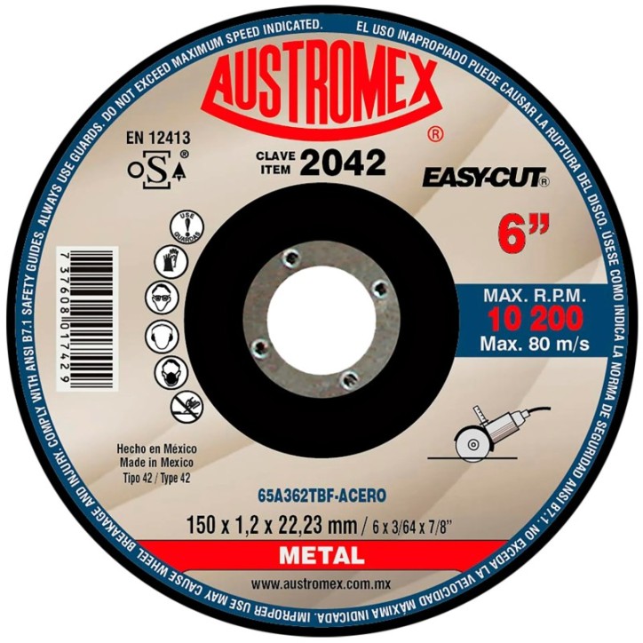 Disco abrasivo para corte de acero al carbón de 6 x 0.045 x 7/8 pulg.