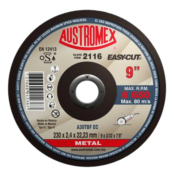 Disco abrasivo para corte de metal y uso general de 9 x 0.095 x 7/8 pulg