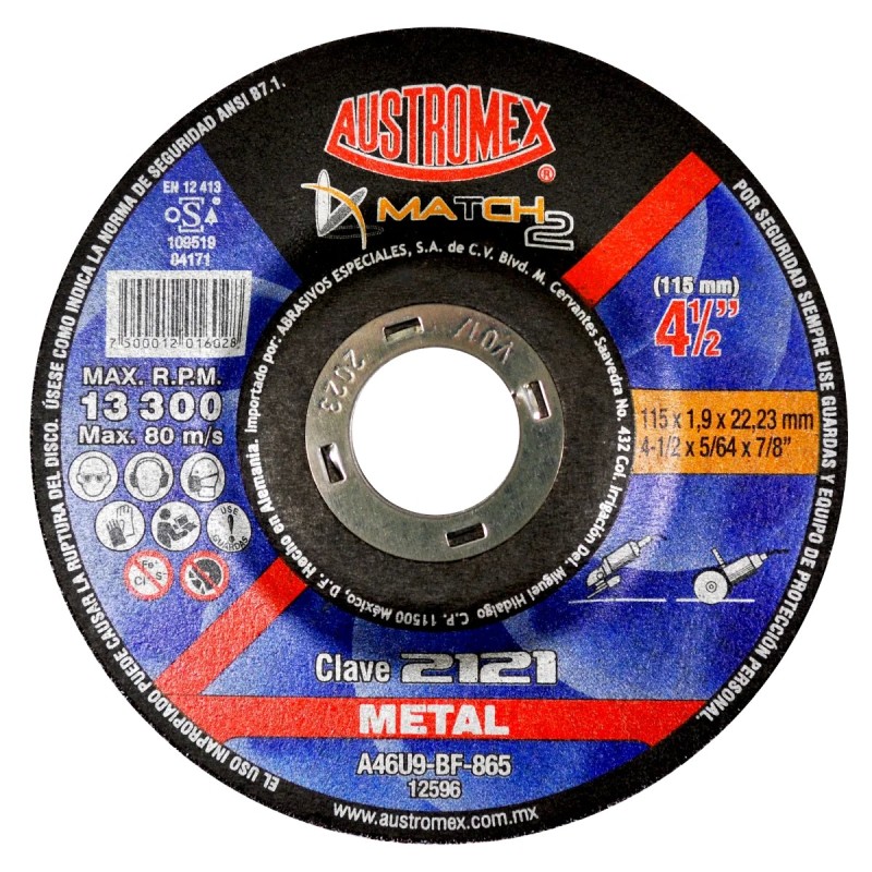 Austromex 2121 Disco abrasivo p/corte y desbaste de acero de 4-1/2 x 5/64 x 7/8"
