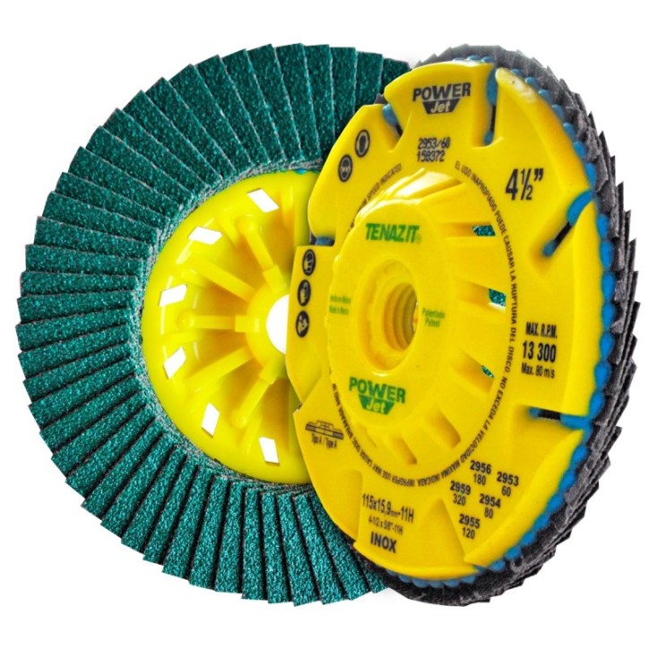 Disco laminado, especificación POWER JET - 60, grano zirconio, de 4-1/2 x 5/8-11 pulg.
