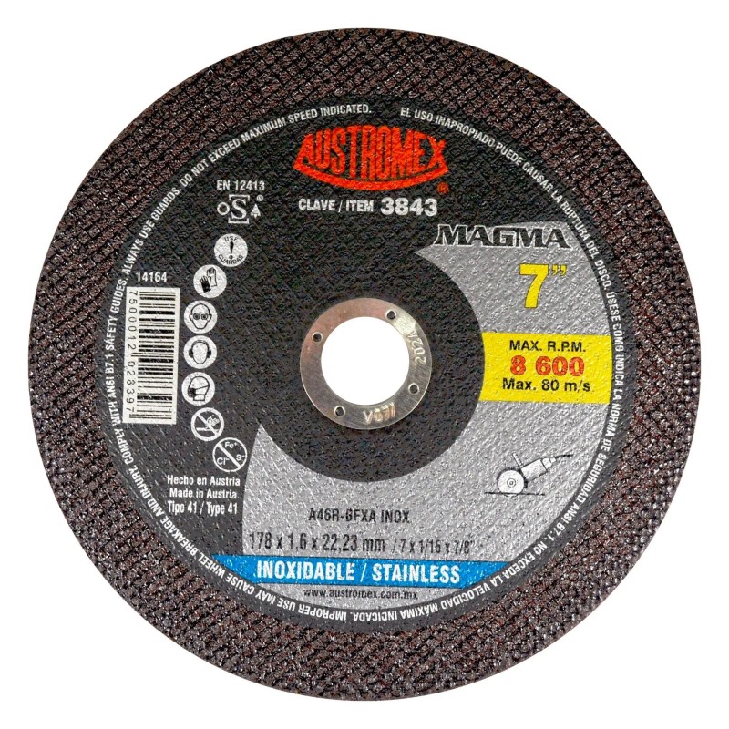 Austromex 3843 Disco abrasivo para corte de acero inoxidable de 7 x 1/16 x 7/8 pulg.