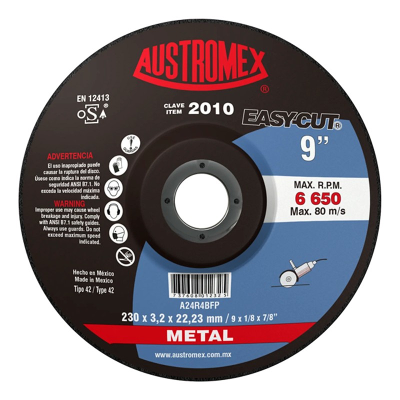 Austromex 2010 Disco abrasivo para corte de metal de 9 x 1/8 x 7/8 pulg.