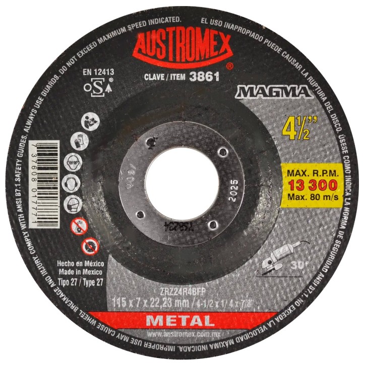 Disco abrasivo para desbaste de acero, fundición y soldadura de 4-1/2 x 1/4 x 7/8 pulg