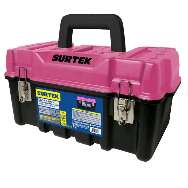 Surtek CPS17K Caja portaherramientas plástica con broches metálicos y tapa rosa 17" x 9" x 8" Surtek