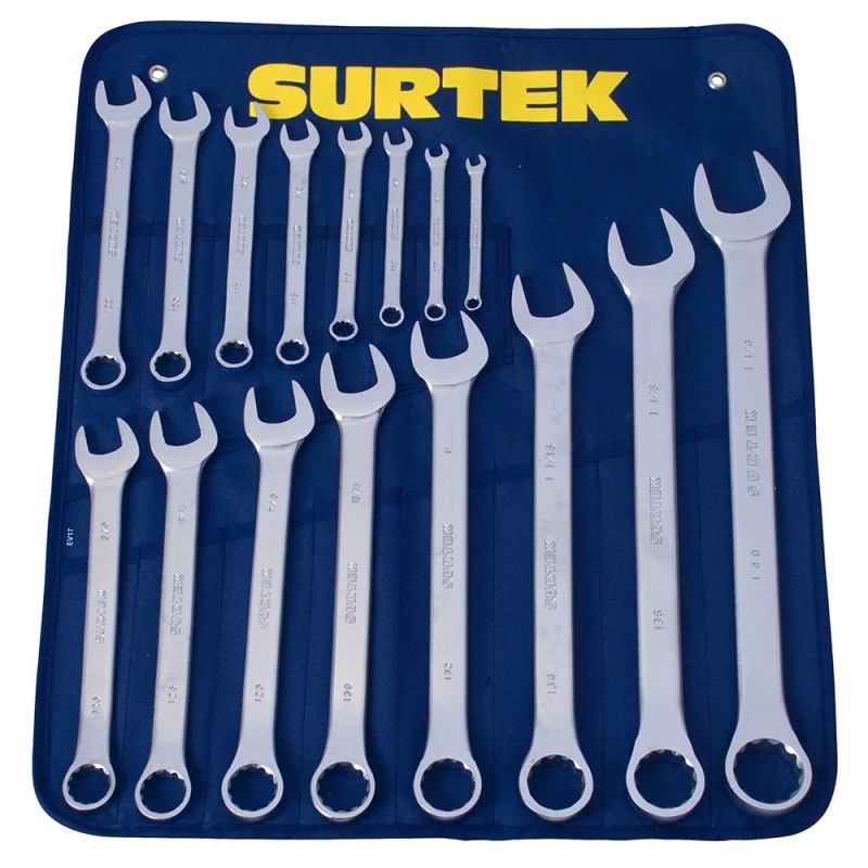 Surtek COM17 Juego de llaves combinadas satinadas en pulgadas 12 puntas 16 piezas Surtek
